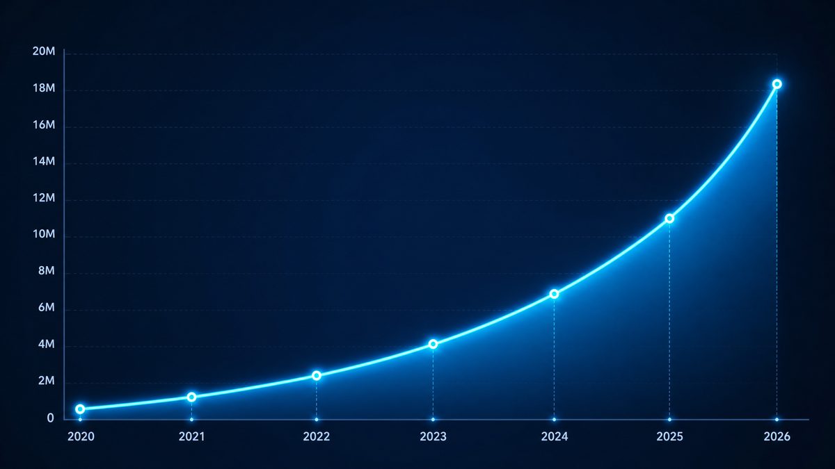 毒舌电影网页版用户增长数据图表,展示2020-2026年注册用户从50万增长至1800万的趋势
